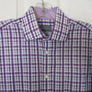 Thomas Dean Mens L/S Purple Cotton Plaid Spread Collar Dress Shirt- 15.5/34 or L
